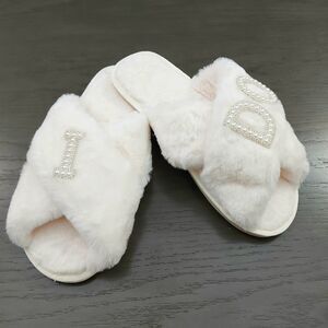 Wedding I Do Bride Slippers Size 40-41 Ivory Slip On Fluffy Wedding Anniversary
